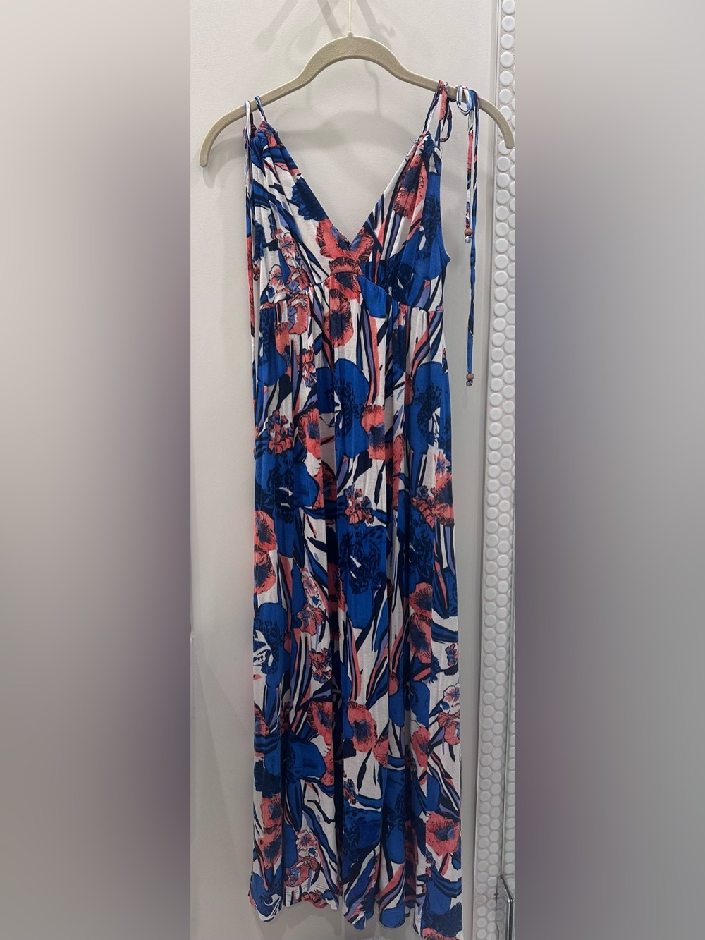 French Connection blue and coral tropical floral maxi dress